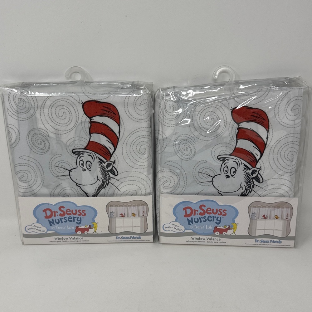 DR SEUSS NURSERY WINDOW VALANCE LOT OF 2  56 IN X 15 IN TREND LAB